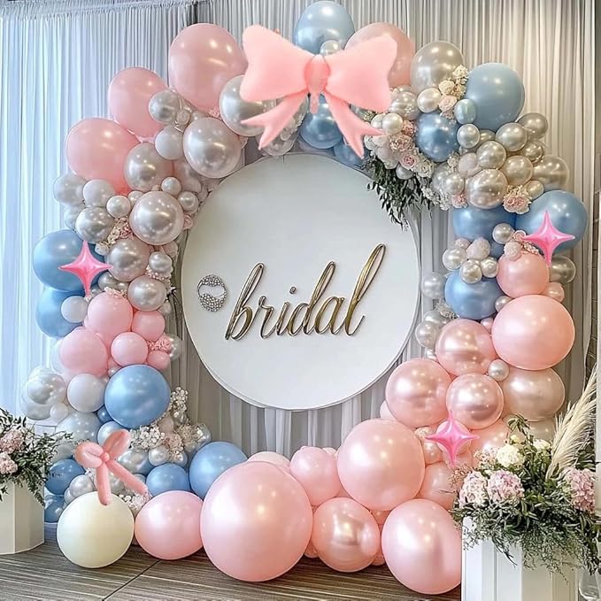Pearl Pink Balloons Light Pink Balloon Arch With Foil Bow Balloon 4 Corner Star Long Balloons for Birthday Bow Princess Baby Shower Bridal Shower Sweet Girls Party Decorations