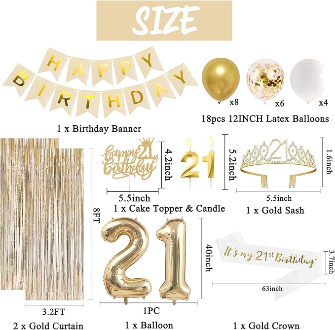 Trgowaul 21st Birthday Decorations for her, Champagne Gold Happy 21st Birthday Supplies for Girls, 21 Sash and Crown, Banner, Fringe Curtains, Cake Topper, 21 Year Old Party Supplies Set
