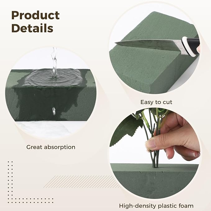 36 Pcs Floral Foam Blocks Set with 3 Green Tapes, Wet & Dry Flower Foam Bricks for Fresh and Artificial Arrangements, Green Florist Foam for Wedding, Party, Birthday, Home Decorations