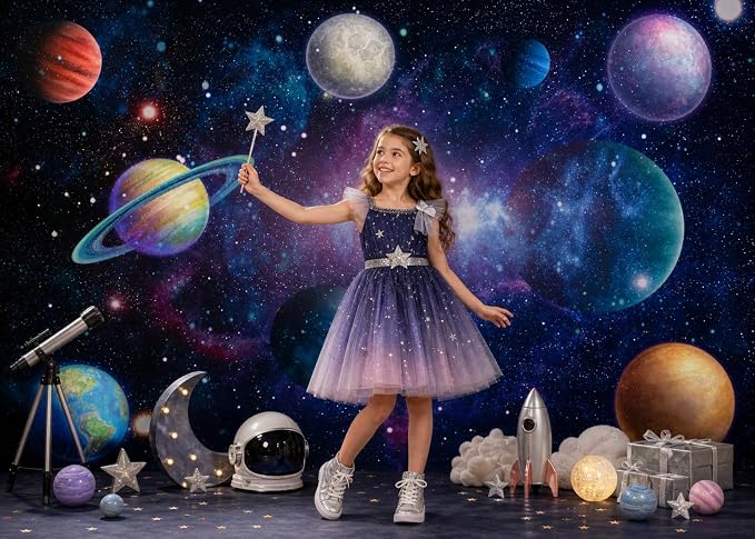Outer Space Backdrop Starry Galaxy Birthday Party | 118 x 95.6 in, Polyester, Outer Space Theme, Lightweight, Reusable, Washable, Birthday Decor, Photo Backdrop