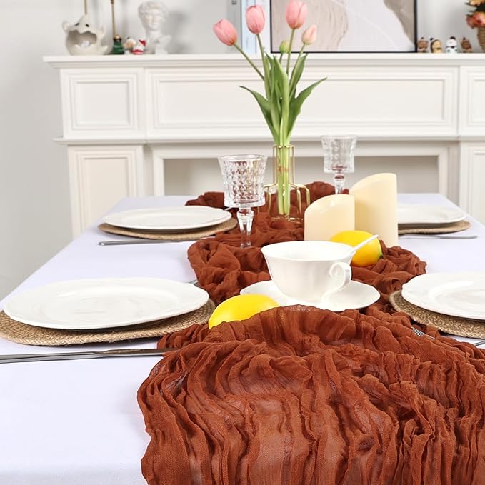 8 Pack Table Runner Terracotta Cheesecloth 10ft Boho Gauze Fabric 120 Inch Burnt Orange Cheese Cloth Table Runner Rustic Sheer for Holiday Baby Shower Party Décor Home Wedding Decoration
