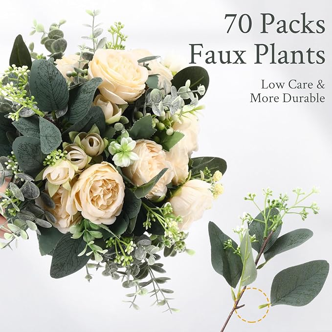 Janinka Mixed Eucalyptus Leaves Stems Bulk with White Seeds Artificial Silver Dollar Leaves Sprays Faux Oval for Wreath Garland Floral Bouquets Arrangement Wedding Greenery Decoration(70)