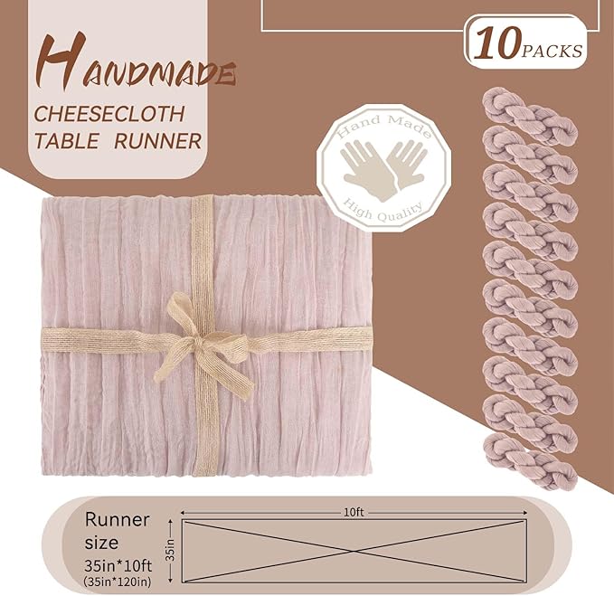 10 Packs Cheesecloth Table Runner, Dusty Pink, 10Ft x 35" Gauze Boho Wedding Decor