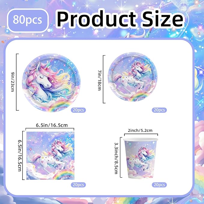 80pcsPegasus Party Supplies Set - Whimsical Ombre Mane & Rainbow Horn Design, Includes Dinner Plates,Dessert Plates, Napkins, Cups for Kids' Magical Fairy Tale Birthday Party Decorations, Serve 20