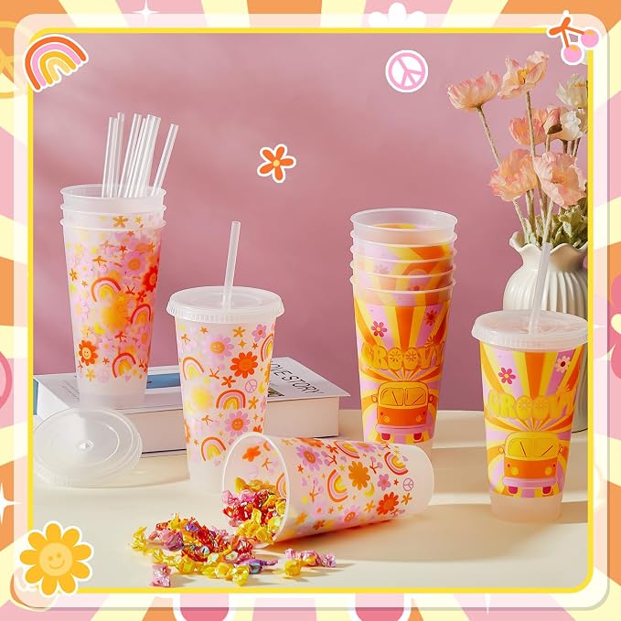 Uiifan 12 Pcs Groovy Plastic Cups Groovy Party Decorations Plastic Tumbler with Lid and Straw 24oz Reusable Boho Retro Hippie Cups for Hippie Birthday Party Wedding Decorations