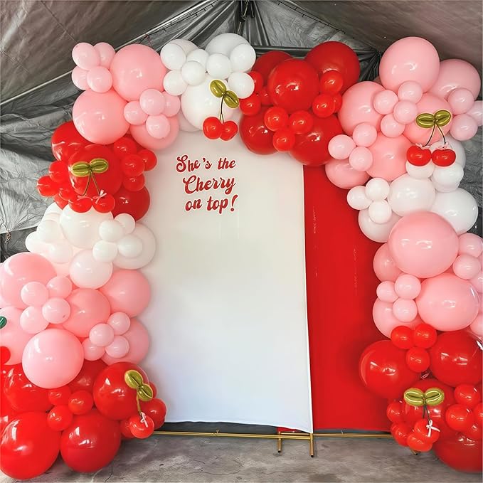 Cherry Balloon Garland Arch Kit, 115pcs Red and Pastel Pink White Metallic Gold Long Latex Balloons for Birthday Baby Shower Wedding Valentines Day Anniversary Cherry on Top Party Decorations