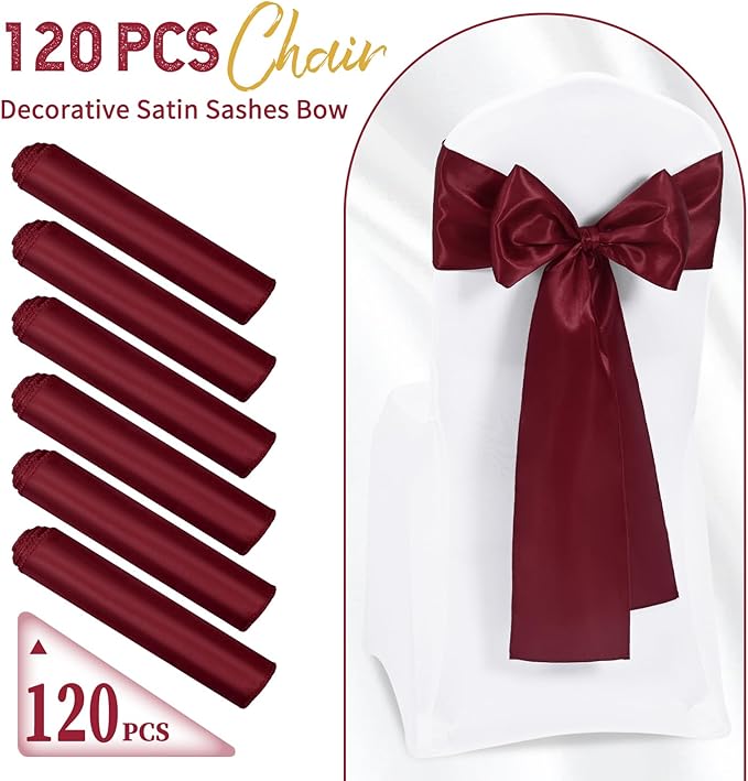 120 PCS Burgundy Satin Chair Sashes, Ties Bows Designed Chairs Decorative, Chair Cover Sashes for Thanksgiving Wedding Christmas Banquet Party Home Kitchen Decoration (7 x 108 inch)