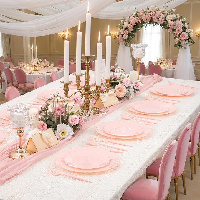 WONDERFUL 150 Pcs Pink Plastic Plates Disposable Plastic Dinnerware Set Pink Plate and Silverware Set Disposable Plates for Party Wedding & Bridal Shower Party Mothers Day Decor 30 Guests