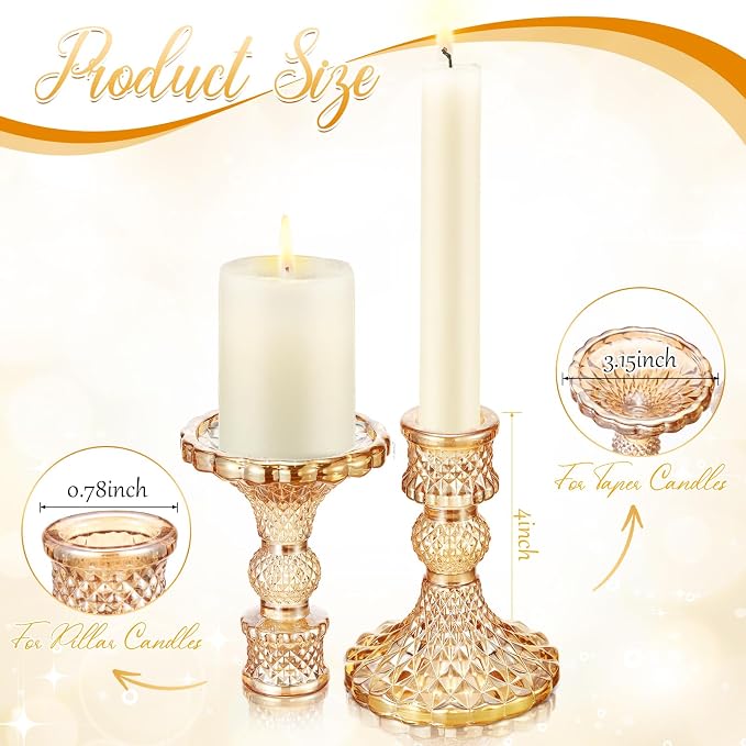Sieral 24 Pcs Gold Taper Candle Holders 4'' Tall Candlestick Glass Holders Bulk Crystal Decorative Stand Wedding Stick Holder for Anniversary Party Dining Table Festival Decor