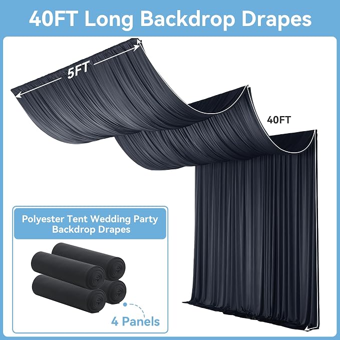 20ftx40ft Black Backdrop Ceiling Drapes,4Panels 40ft Height Wrinkle Free Tent Draping Curtains, Fabric Drapery Ceiling Drapes for Wedding Ceremony Birthday Theme Parties with Rod Pocket