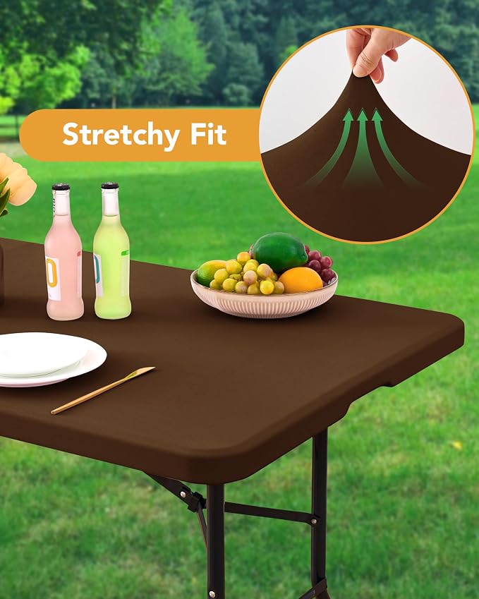 KeyWave Fitted Tablecloth Rectangle Table Cloths - 6 Pack 6 Foot Elastic Stretch Folding Table Top Cover Water-Resistant Reusable for Outdoor Picnic Camping Party Event, Brown, 72" L x 30" W