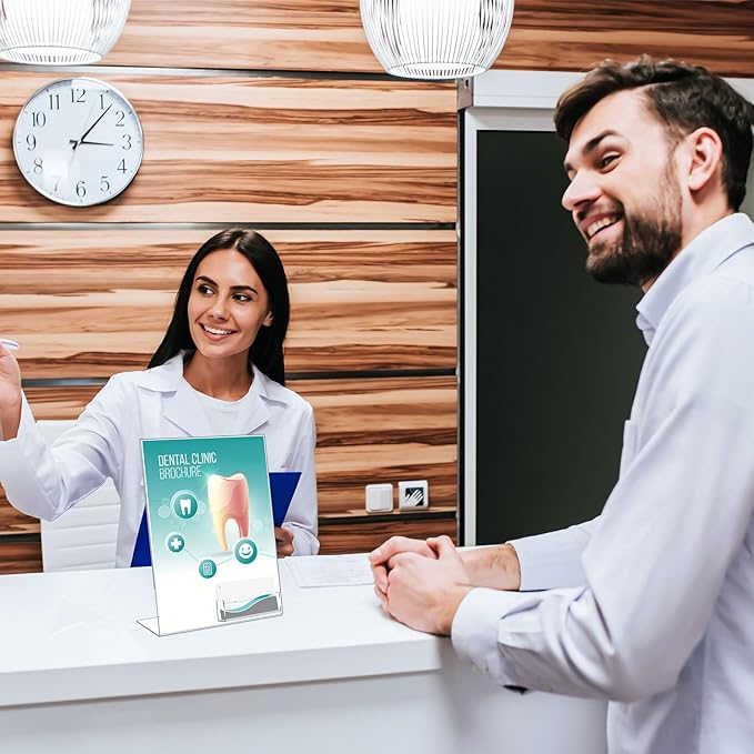 Crtiin 6 Pcs Acrylic Slanted Sign Holder with Business Card Holders Clear Display Stand Flyer Stand with Gift Card Holder for Office Table Advertisement Brochure (8.5 x 11 Inch,Side Insert)