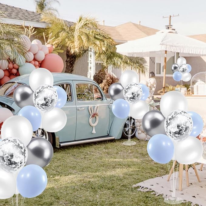 ZJDHPTY 4Set Light Blue Silver Balloon Stand Table Centerpieces Party Decor | Boy Baby Shower Decorations,Birthday Graduation Bridal Shower Baptism Corporate Retirement New Years Eve Party Supplies