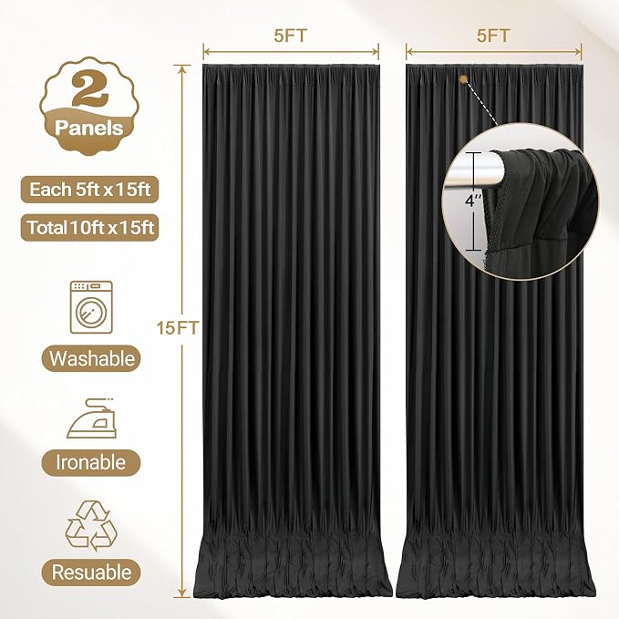 10ft x 15ft Black Backdrop Curtain Panels for Weddings - Wrinkle-Free Polyester Photo Drapes for Birthday Party, Photography Background, Stage Decor