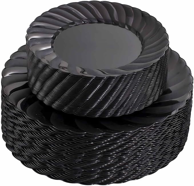 U-QE 100PCS Black Plastic Plates, Heavy Duty Black Disposable Plates Including 50PCS 9inch Dinner Plates & 50PCS 6.5inch Dessert Plates -Hard Plastic Plates for Party Wedding Bridal Shower