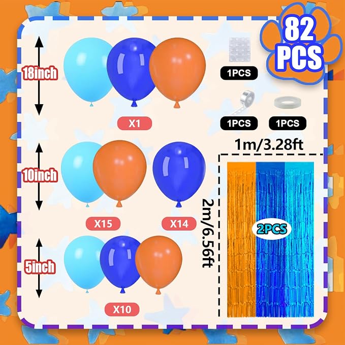 Blue Orange Balloon Arch Garland Kit Birthday Party Decorations, Orange Blue and Light Blue Foil Fringe Curtains Backdrop Tinsel Streamers Banner Photo Booth Props Dog Themed Party Decor Supplies
