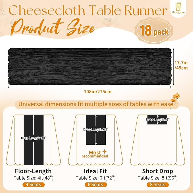 18 Pack Black Cheesecloth Table Runner 17 x 108 inch Boho Gauze Table Runner Rustic Sheer Cheese Cloth Table Decorations for Wedding Party Baby Bridal Shower Birthday Holiday Home