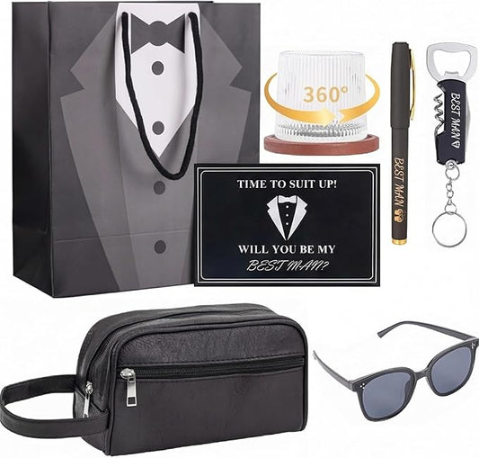 Best Man Proposal Gifts Set, Proposal Bag with Spinning Whiskey Glass PU Leather Toiletry Bag Bottle Opener Sunglasses Pen Card for Wedding Best Man Gift