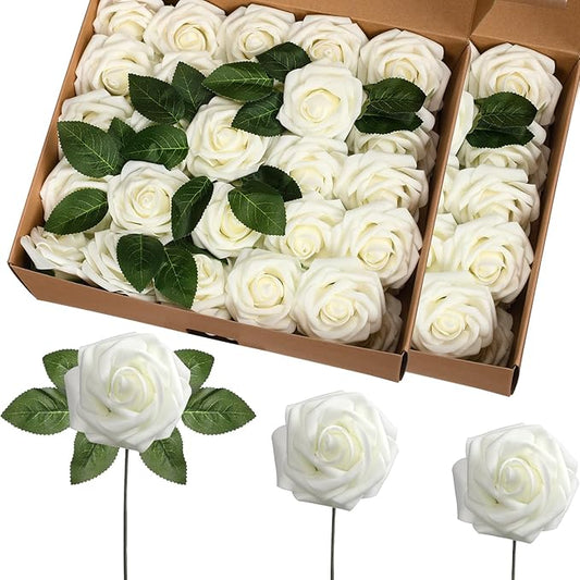 50 Pcs Artificial Foam Rose Flower Faux Bouquet Wedding Fake Rose Gift for Mother's Day Women DIY Bridal Shower Party Table Birthday Home Spring Decor (Ivory)