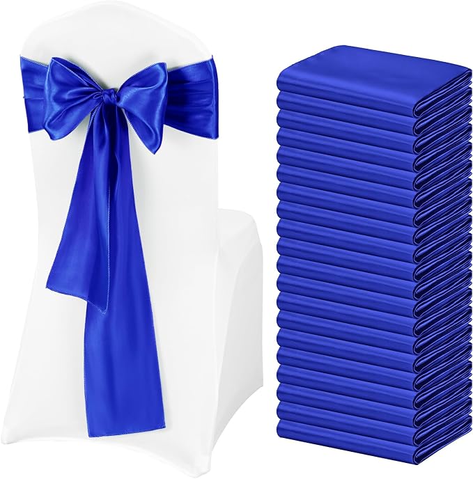 Pesonlook 60 PCS Royal Blue Satin Chair Sashes Bows Satin Chair Sashes Universal Chair Cover for Wedding Reception Restaurant Event Decoration Banquet,Party,Hotel Event Decorations (7 x 108 inch)