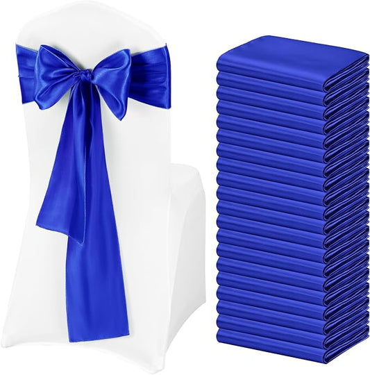 Pesonlook 60 PCS Royal Blue Satin Chair Sashes Bows Satin Chair Sashes Universal Chair Cover for Wedding Reception Restaurant Event Decoration Banquet,Party,Hotel Event Decorations (7 x 108 inch)