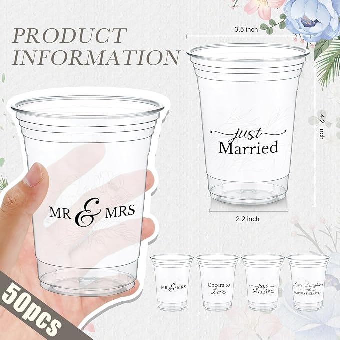 Jingmore 50 Pcs Wedding Plastic Cup 12 oz Wedding Disposable Cups for Reception Thick Clear Cup Happily Ever After Mr and Mrs Just Married Cups for Bridal Shower Decorations (White Floral)
