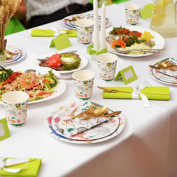 Newtay 350 Pcs/ 50 Sets Safari Animals Supplies Include Paper Plates, Napkins, Cups and Knife, Spoon, Fork Disposable Tableware Set for Safari Jungle Theme Birthday Decorations