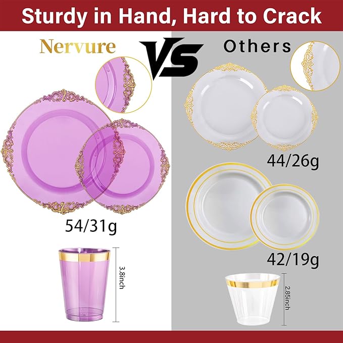 Nervure 175PCS Clear Purple Plastic Plates - Purple Party Plates Set for 25 Guests Include 25Dinner Plate, 25Dessert Plate, 25Cups, 75 Cutlery, 25Napkins Perfect for Wedding, Party & Bridal