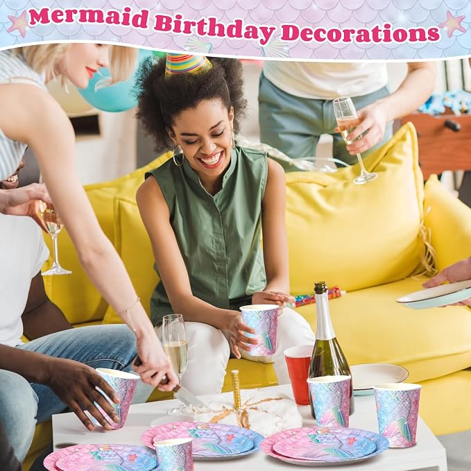 400 Pcs Mermaid Party Decoration for 50, Pink Blue Mermaid Birthday Paper Plates Napkins Cup Cutlery Under The Sea Princess Disposable Tableware for Baby Shower Ocean Birthday Party Supply