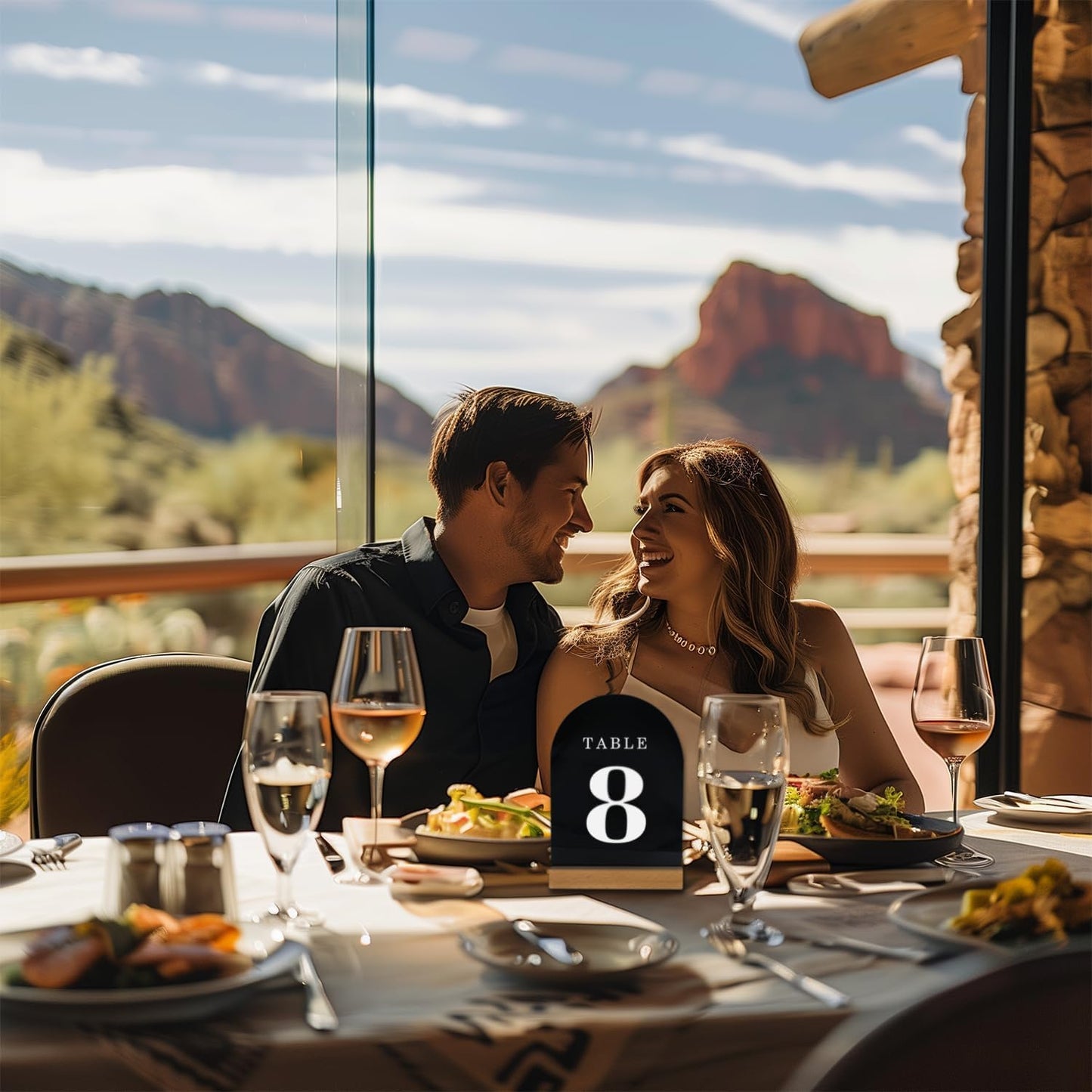 Wedding Table Numbers 1-15, Acrylic Arch Signs with Natural Wood Stands Holders, Rustic Table Decor for Reception & Parties (Black White)