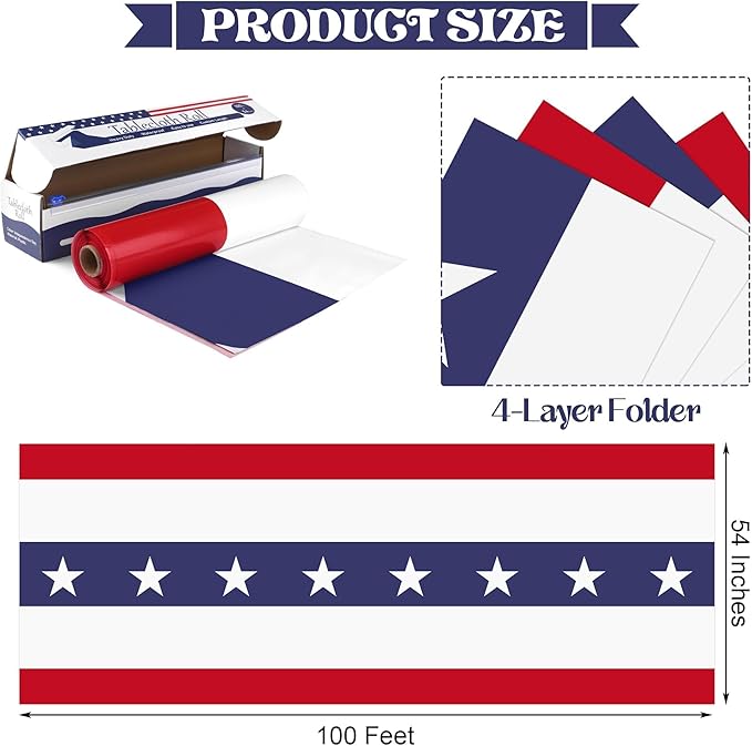 Kochorie 100 Ft x 54 Inch 4th of July Tablecloths Roll with Slide Cutter Box Patriotic Disposable Plastic Table Cover Roll Independence Day Backdrop for Memorial Day Party Supplies