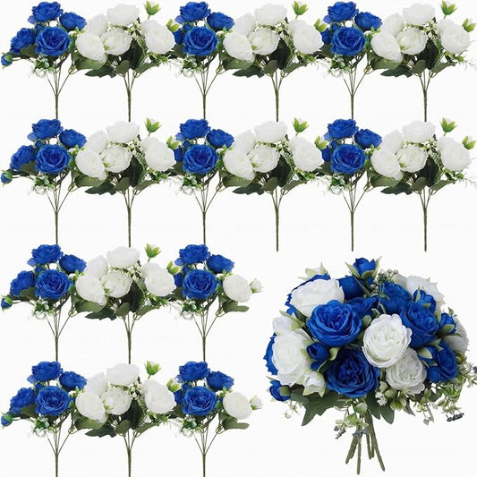 Geosar 24 Bundles Artificial Peonies Flowers Fake Silk Peony Bouquet Faux Peonies Flower Bulk for Decoration Vase Floral Arrangements Wedding Party Table (Royal Blue,White)