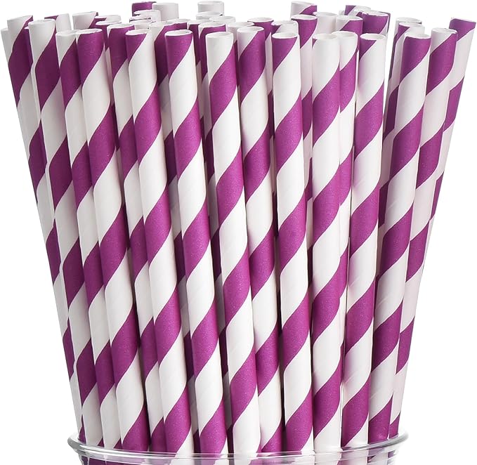 ALINK 100 Purple and White Striped Paper Straws, Biodegradable Disposable Drinking Straws for Valentine's Day, Halloween, Bridal Shower, Brithday, New Year, Party Decoration