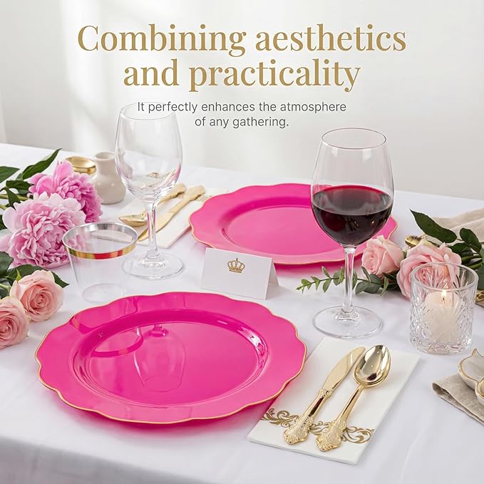 NOCCUR 175PCS Hot Pink Plastic Plates with Gold Disposable Silverware - Include 50 Hot Pink Plates,25 Knives,25 Forks,25 Spoons,25 Cups and 25 Napkins - Ideal for Party/Mother's Day