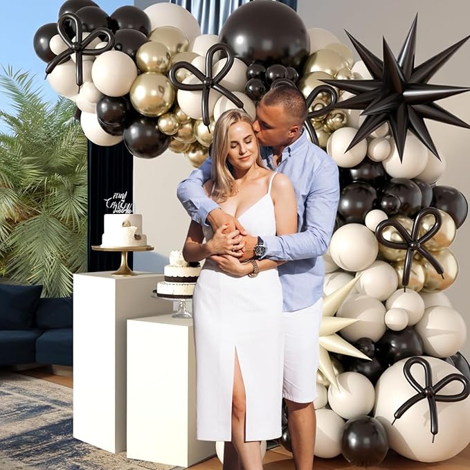 Black and White Balloon Arch Kit, Black Sand White Bow Balloons Graland Kit with Metalic Gold Star Balloons for Wedding Baby Shower Gender Reveal Graduation Birthday Decorations