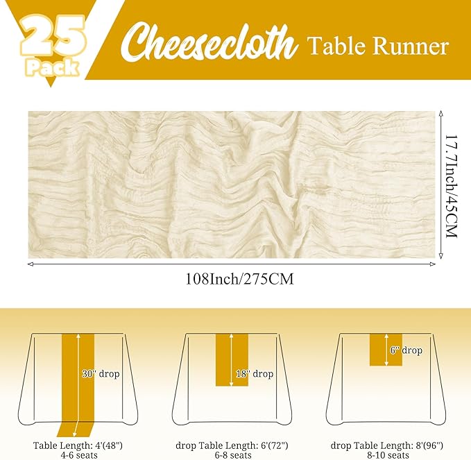 25 Pack Ivory Table Runner 17 x 108inch Cheesecloth Table Runner Boho Gauze Table Runners Rustic Sheer Fabric Cheese Cloth Table Runners for Wedding Party Bridal Shower Farmhouse Thanksgiving Decor