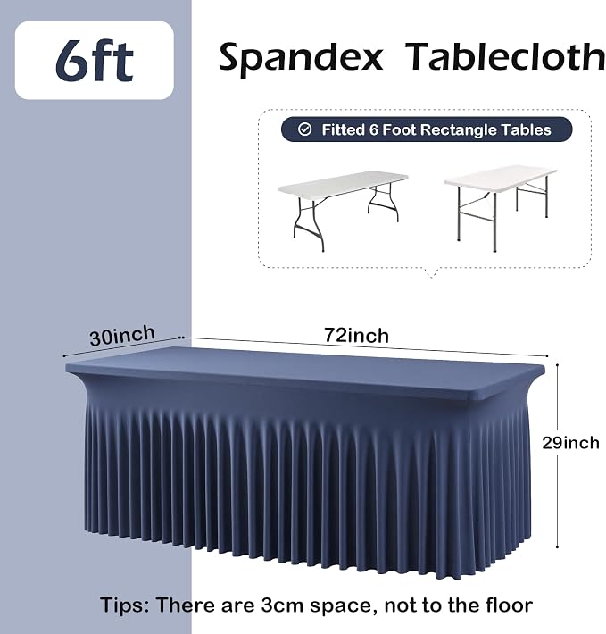 2 pk Navy Blue Spandex Tablecloth 6ft With Ruffle Table Skirt, Wrinkle Free Stretchy Fitted Tablecloths for 6 Foot Rectangle Tables, Elastic Spandex Table Covers 6ft for Weddings Parties Banquet Craft