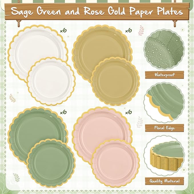 Mimorou 169 Pcs Sage Green and Pink Plates and Napkins Party Supplies Green and Rose Gold Tableware Include Scalloped Plates Paper Napkin Cup Spoon Fork Knife for Baby Shower, Wedding, Birthday