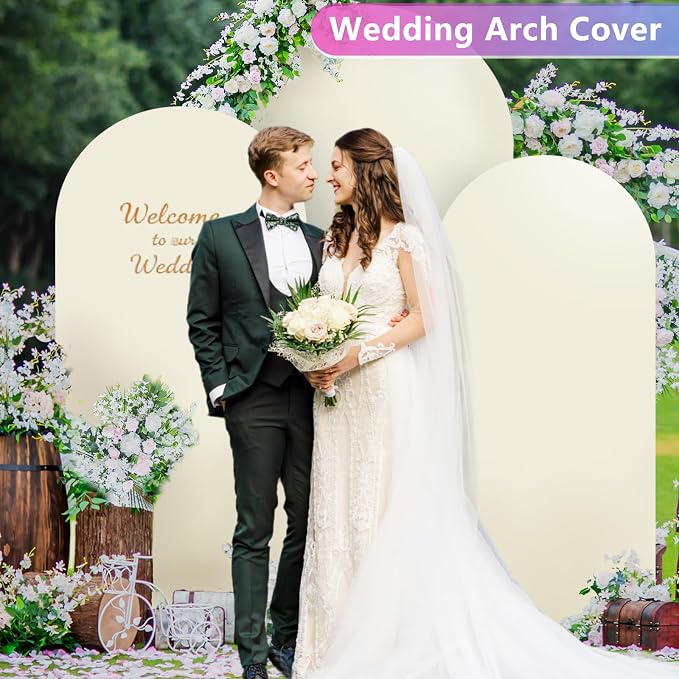 Hemmotop Beige Arch Backdrop Cover Set, 3-Piece (6ft/ 6.6ft/ 7.2ft) Wedding Arch Cover Stretchy Backdrop, Spandex Arched Stand Background Covers for Baby Shower Birthday Graduation Party