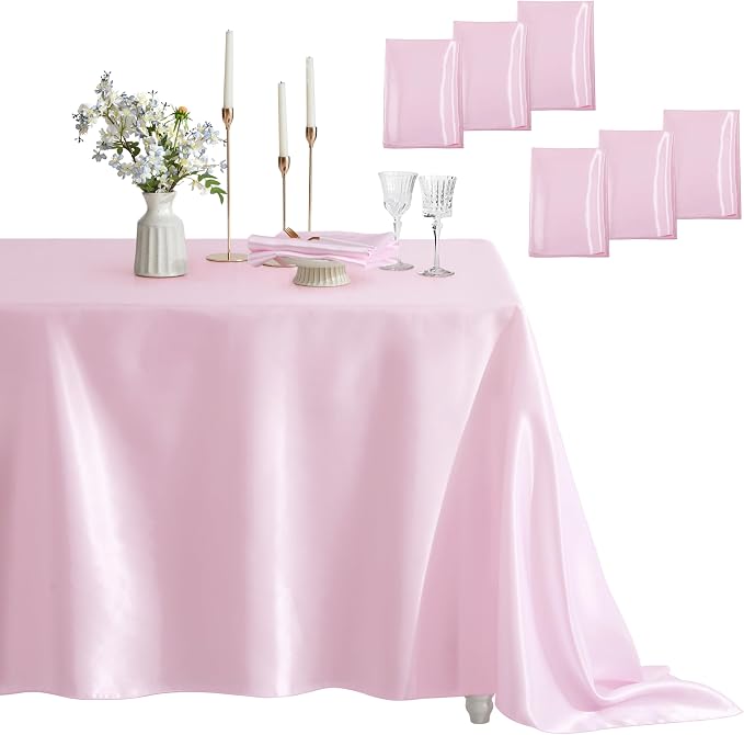 6 Pack Satin Table Cover Rectangle Silkly Soft Table Cloth, Satin Dining Table Cloths for Wedding Banquet Table Decoration, Dining Room, Indoor and Outdoor Use, 60 x 102 Inches, Pink
