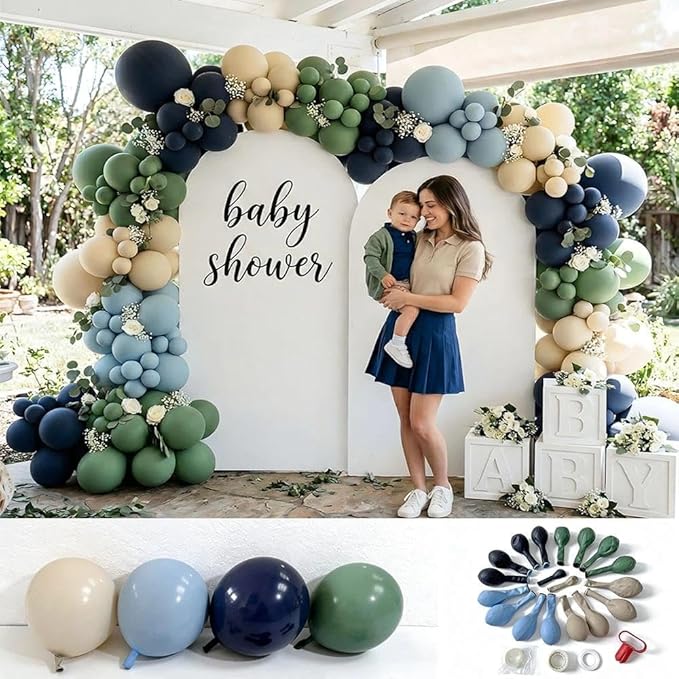 Double Stuffed Navy Blue & Sage Green Balloon Garland Arch Kit, Multi-size Matte Dusty Blue Sand Latex Balloons for Baby Shower,Gentleman Theme Party,Birthday,Bridal Wedding,Graduation