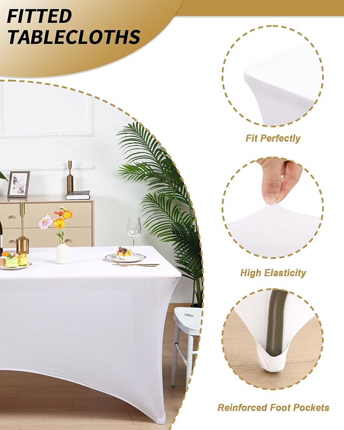 Fixwal White Tablecloth 2 Pack 6FT for Rectangular Table Spandex Fitted Table Covers Washable Stretch Table Cloth for Party, Trade Show, Banquet, Wedding, Buffet, Graduation and Birthday
