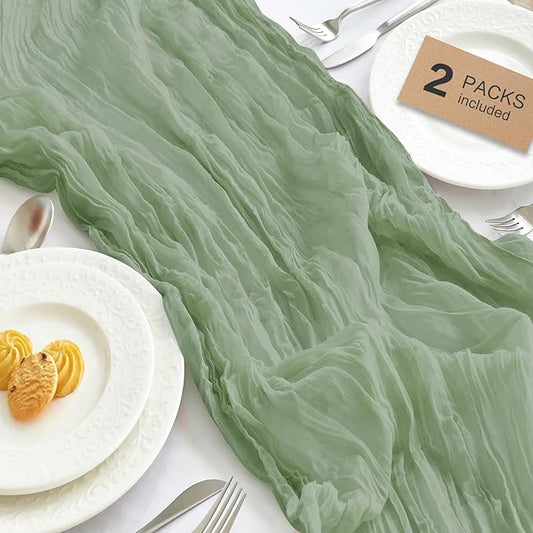 IVAPUPU 2 Pcs Cheesecloth Table Runner - 10ft Sage Green Boho Rustic Gauze Cheese Cloth Table Runner for Baby Shower Decorations Wedding Party Spring Garden Farmhouse Mothers Day Decor