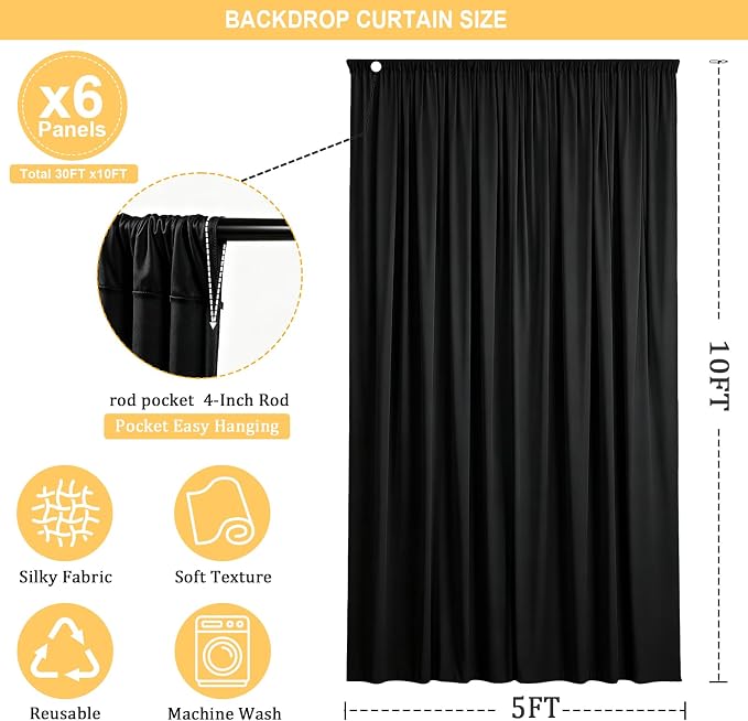 30FT x 10F Black Backdrop Curtain for 40th Birthday Decorations, Polyester Backdrop Drapes with Rod Pockets,Cloth Fabric Curtain for Wedding, Commercial Displays,Graduation Party Decorations