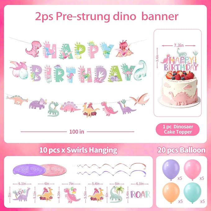 Dinosaur Bday Party Supplies Decorations for Girls 1st 2nd 3rd 4th Bday Dino Tableware Pre-strung Banner Honeycomb Centerpieces Tablecoth Hanging Swirls Cupcake Topper Balloons Serve 25