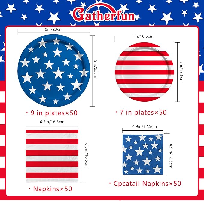 American Flag Patriotic Party Supplies Disposable dinner paper plates dessert paper plates Napkins and Cocktail napkins for Veterans Day Election Day 4th of July Independence Day Decorations, Serve 50