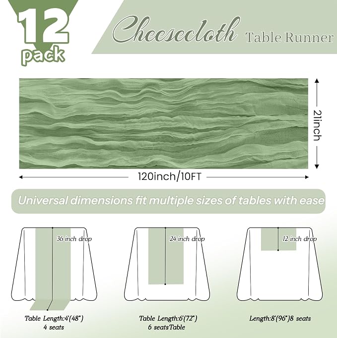 12 Pack Sage Green Cheesecloth Table Runner 21x120 Inches, Boho Gauze Rustic Semi Sheer Cheese Cloth Table Runners for Easter Wedding Bridal Baby Shower, Birthday Party, Long Farmhouse Table Decor