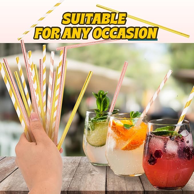 Biodegradable Paper Straws Disposable 100 Rose Gold Striped Drinking Straws for Birthday, Anniversary, Wedding, Holiday Celebrations, Party Decor, Bridal Shower Party Favor and Supplies