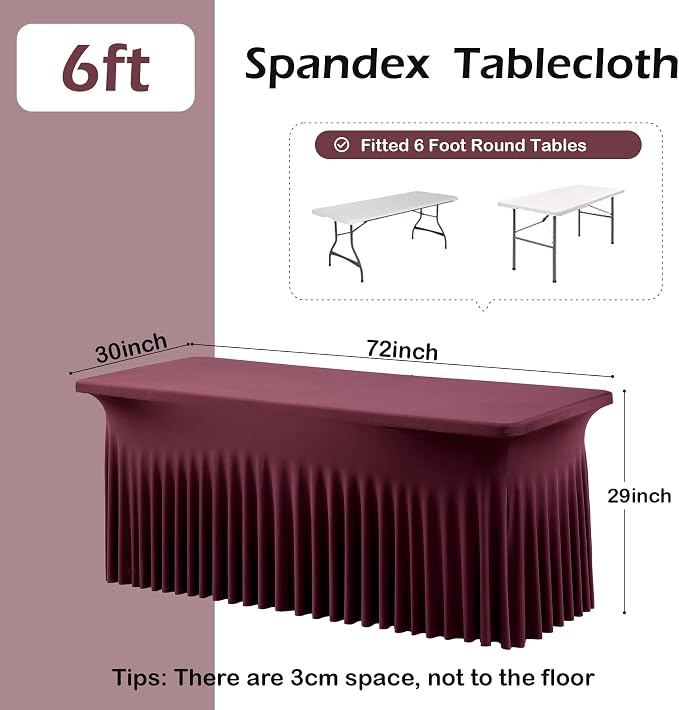 6 pk Burgundy Spandex Tablecloth 6ft with Ruffled Tables,Wrinkle Free High-Stretch Fitted Table Cloths for 6 Foot Rectangle Tables,Elastic Maroon Spandex Table Covers 6 ft for Weddings Banquet Dinning