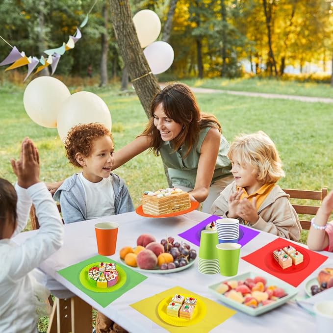 Geosar 240 Pieces Rainbow Party Tableware 60 Set Colorful Paper Plates and Napkins 9oz Paper Cups Complete Pack Disposable Dinnerware Set for Rainbow Birthday Party Decorations Supplies(Bright Color)